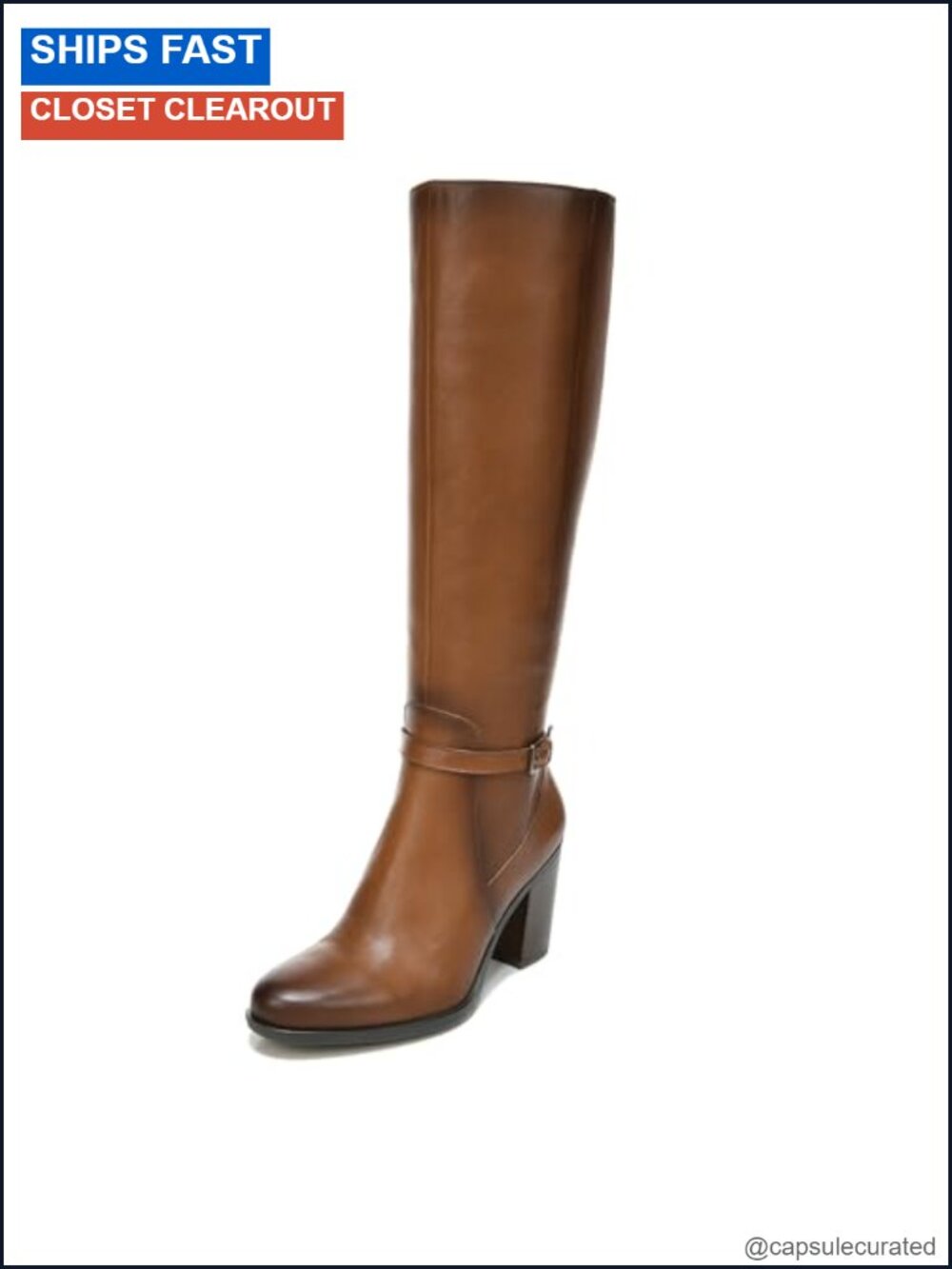Leather Knee High Boots with Block Heel, Almond Toe, Extra Wide Calf
